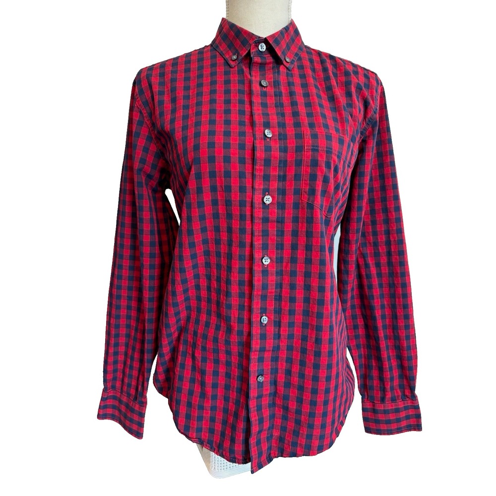 George Classic Fit Men's Red Navy Plaid Long Sleeve Button Down Shirt S